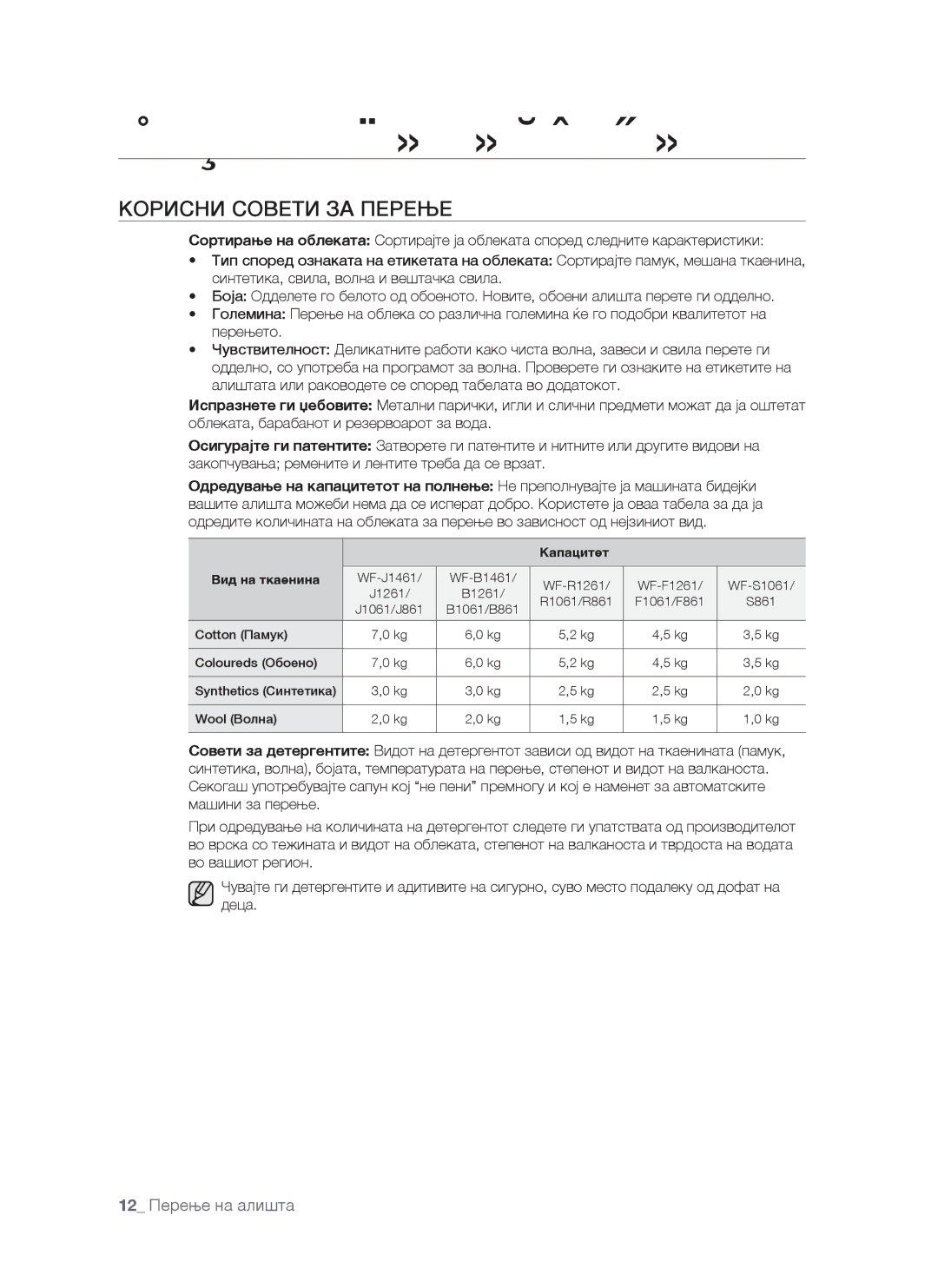 Samsung WF-S861/YLR, WF-S861/YLP, WF-S861GW/YLE manual Корисни Совети ЗА Перење, Капацитет Вид на ткаенина 