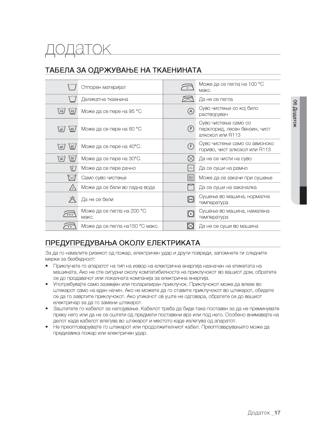 Samsung WF-S861GW/YLE, WF-S861/YLP manual Додаток, Табела ЗА Одржување НА Ткаенината, Предупредувања Околу Електриката 