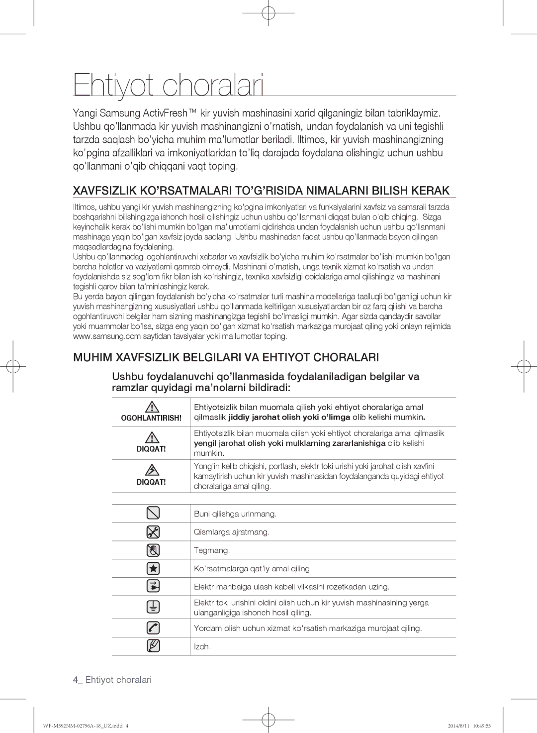 Samsung WF-M592NMH/YLP, WF-T500NHW/YLP manual Ehtiyot choralari, Xavfsizlik KO’RSATMALARI TO’G’RISIDA Nimalarni Bilish Kerak 