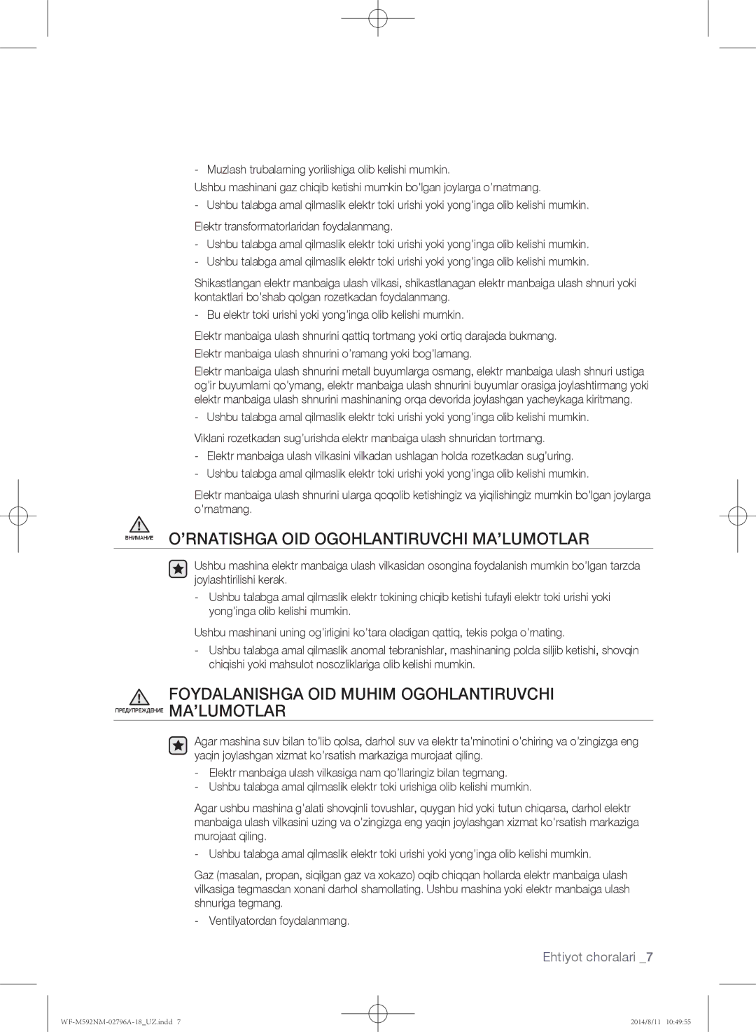 Samsung WF-E590NMS/YLP manual Внимание O’RNATISHGA OID Ogohlantiruvchi MA’LUMOTLAR, Foydalanishga OID Muhim Ogohlantiruvchi 