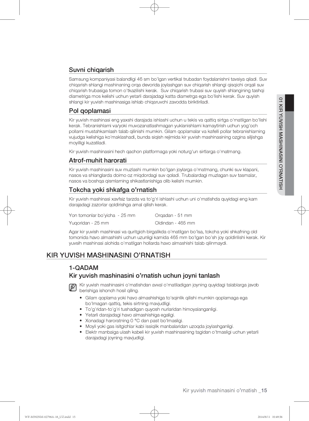 Samsung WF-T500NHW/YLP, WF-T592NMW/YLP, WF-E590NMS/YLP, WF-E592NMW/YLP, WF-M592NMH/YLP manual KIR Yuvish Mashinasini O’RNATISH 