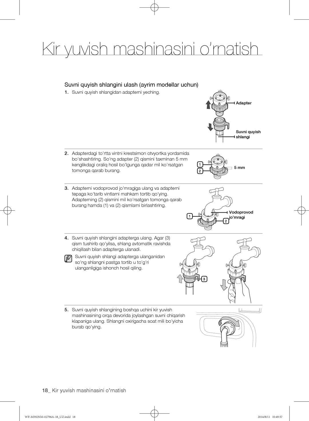 Samsung WF-E592NMW/YLP manual Suvni quyish shlangini ulash ayrim modellar uchun, Suvni quyish shlangidan adapterni yeching 