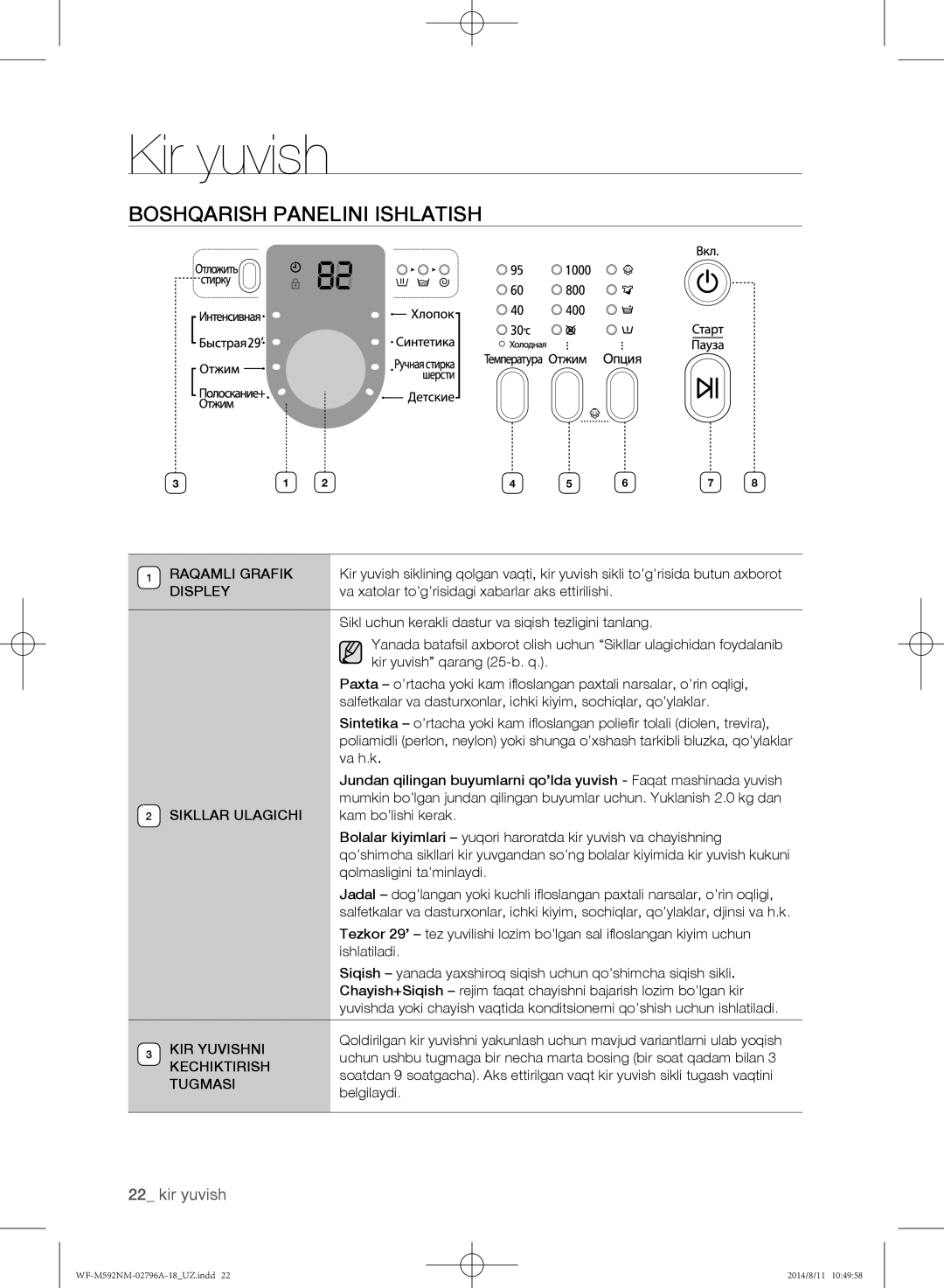 Samsung WF-E590NMS/YLP manual BoSHQARISH Panelini Ishlatish, Displey, Sikllar Ulagichi, KIR Yuvishni, Kechiktirish 