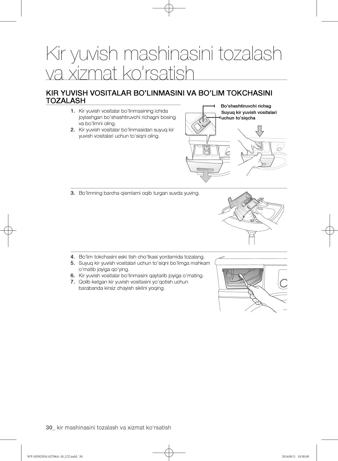 Samsung WF-T500NHW/YLP, WF-T592NMW/YLP, WF-E590NMS/YLP, WF-E592NMW/YLP Kir yuvish mashinasini tozalash va xizmat ko’rsatish 