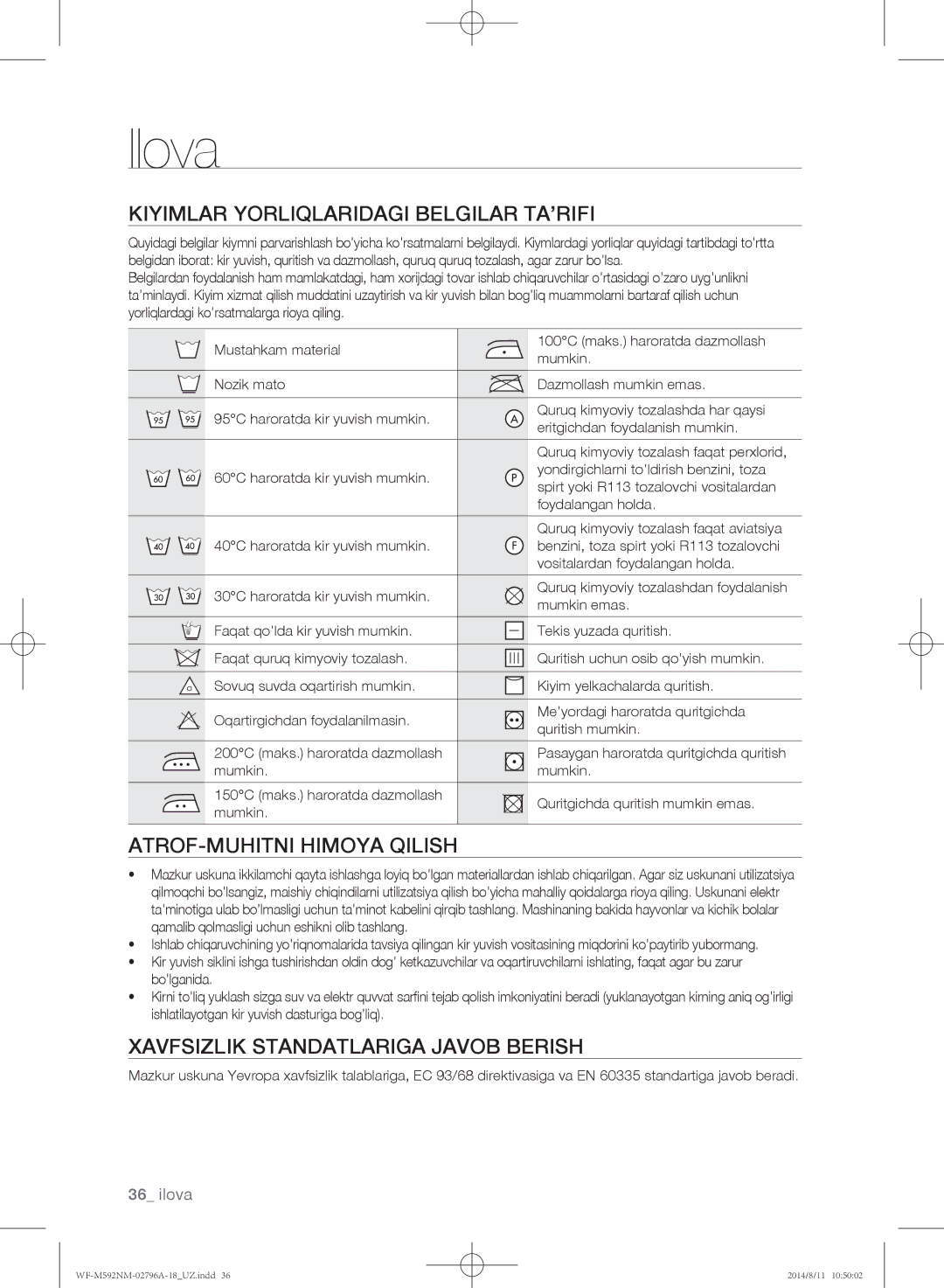 Samsung WF-T592NMW/YLP, WF-T500NHW/YLP manual Ilova, Kiyimlar Yorliqlaridagi Belgilar TA’RIFI, ATROF-MUHITNI Himoya Qilish 