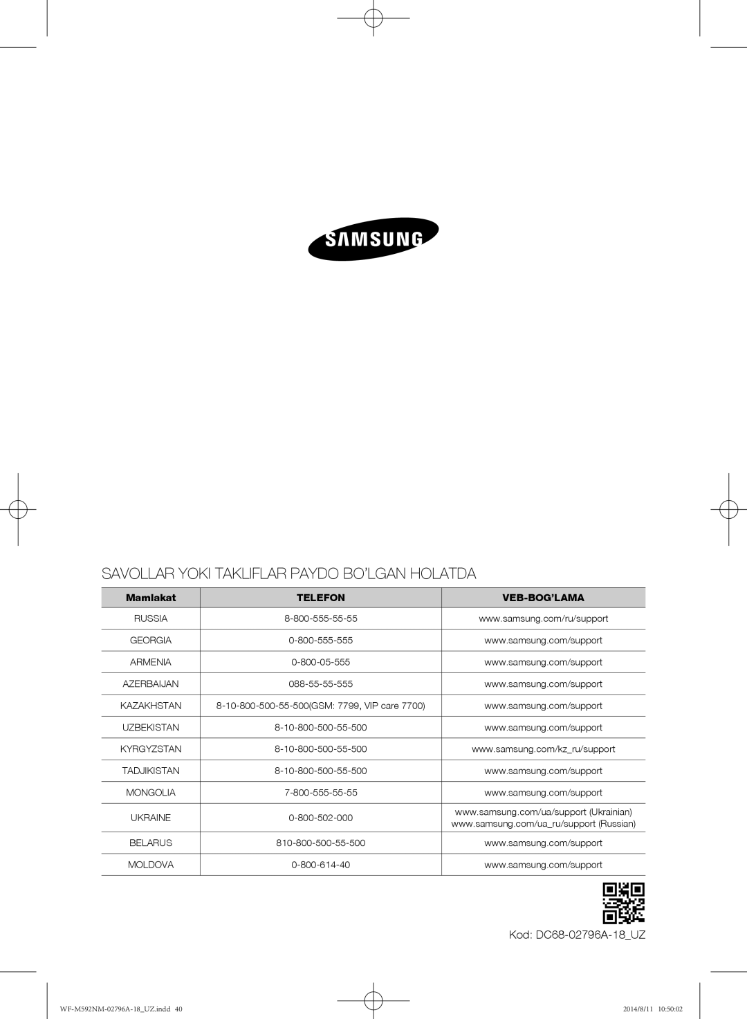 Samsung WF-T500NHW/YLP, WF-T592NMW/YLP, WF-E590NMS/YLP Savollar Yoki Takliflar Paydo BO’LGAN Holatda, Коd DC68-02796A-18UZ 