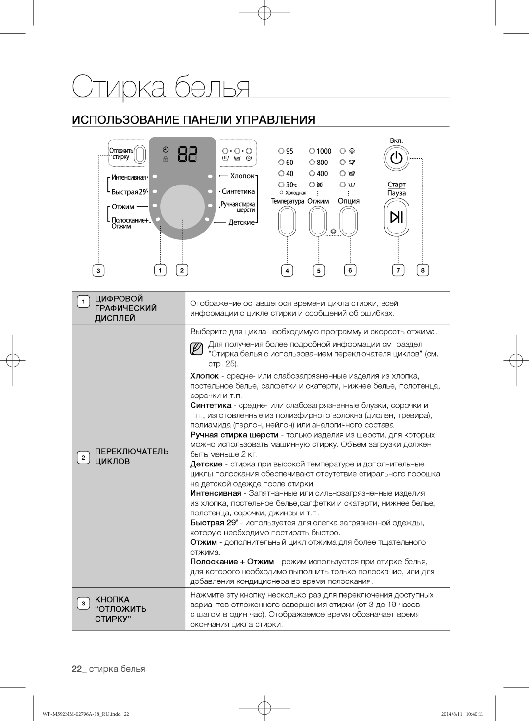 Samsung WF-E590NMS/YLP, WF-T500NHW/YLP, WF-T592NMW/YLP, WF-E592NMW/YLP manual Использование панели управления, 22 стирка белья 