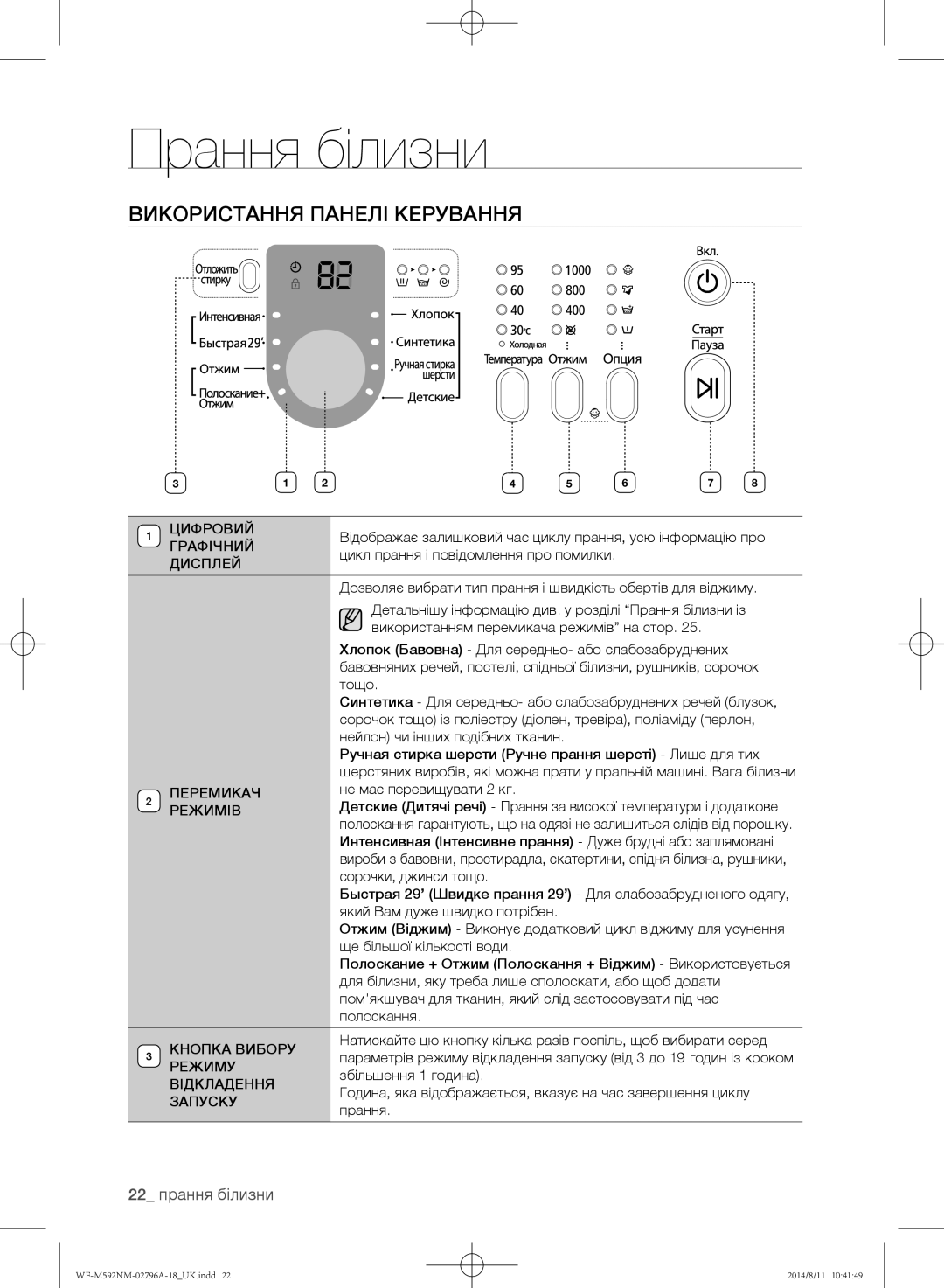 Samsung WF-E590NMS/YLP, WF-T500NHW/YLP, WF-T592NMW/YLP, WF-E592NMW/YLP manual Використання панелі керування, 22 прання білизни 