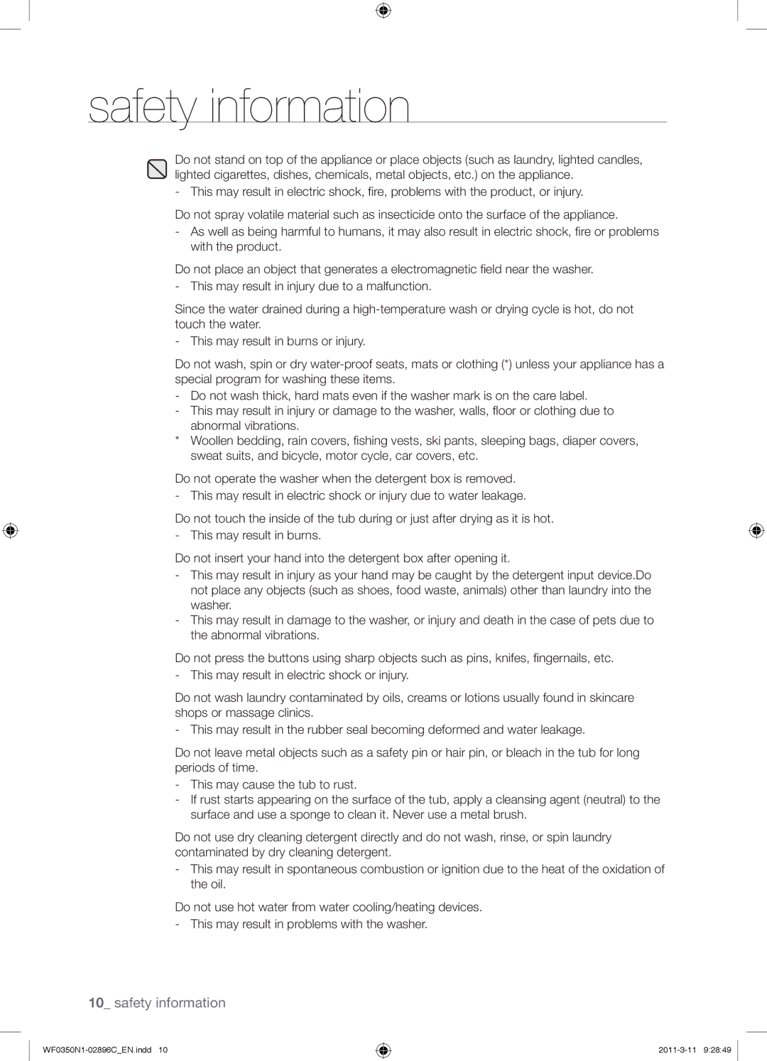 Samsung WF0350N1N/XEH manual Safety information 