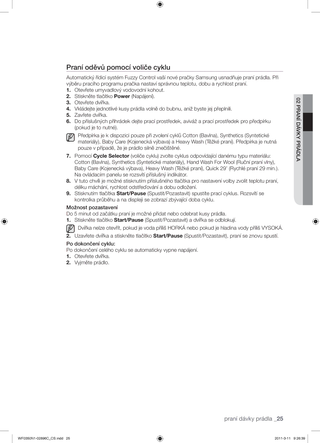 Samsung WF0350N1N/XEH manual Praní oděvů pomocí voliče cyklu 