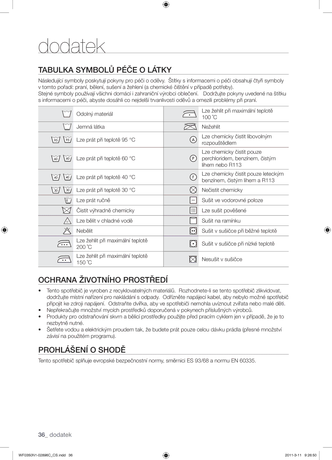 Samsung WF0350N1N/XEH manual Dodatek, Tabulka Symbolů Péče O Látky, Ochrana Životního Prostředí, Prohlášení O Shodě 