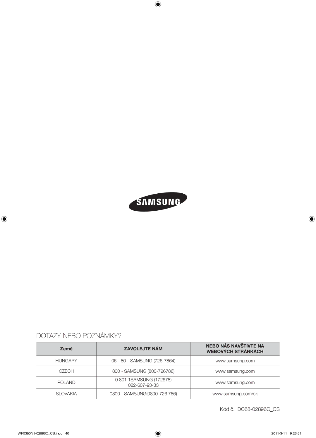 Samsung WF0350N1N/XEH manual Dotazy Nebo POZNÁMKY? 