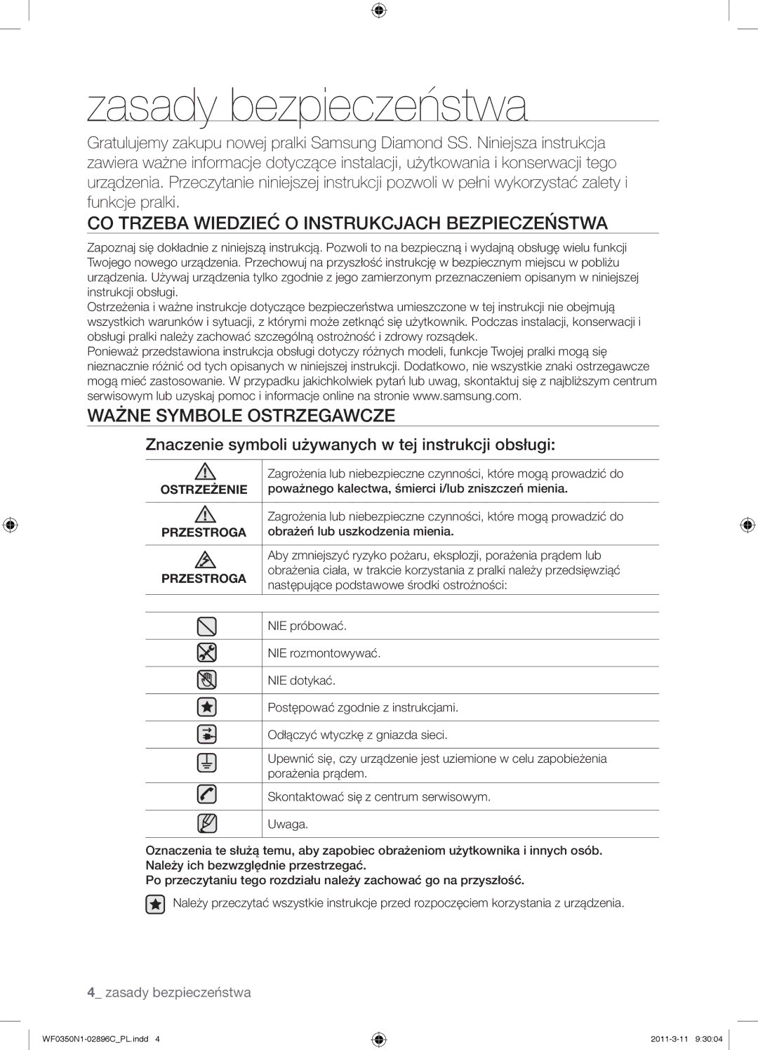 Samsung WF0350N1N/XEH Zasady bezpieczeństwa, CO Trzeba Wiedzieć O Instrukcjach Bezpieczeństwa, Ważne Symbole Ostrzegawcze 