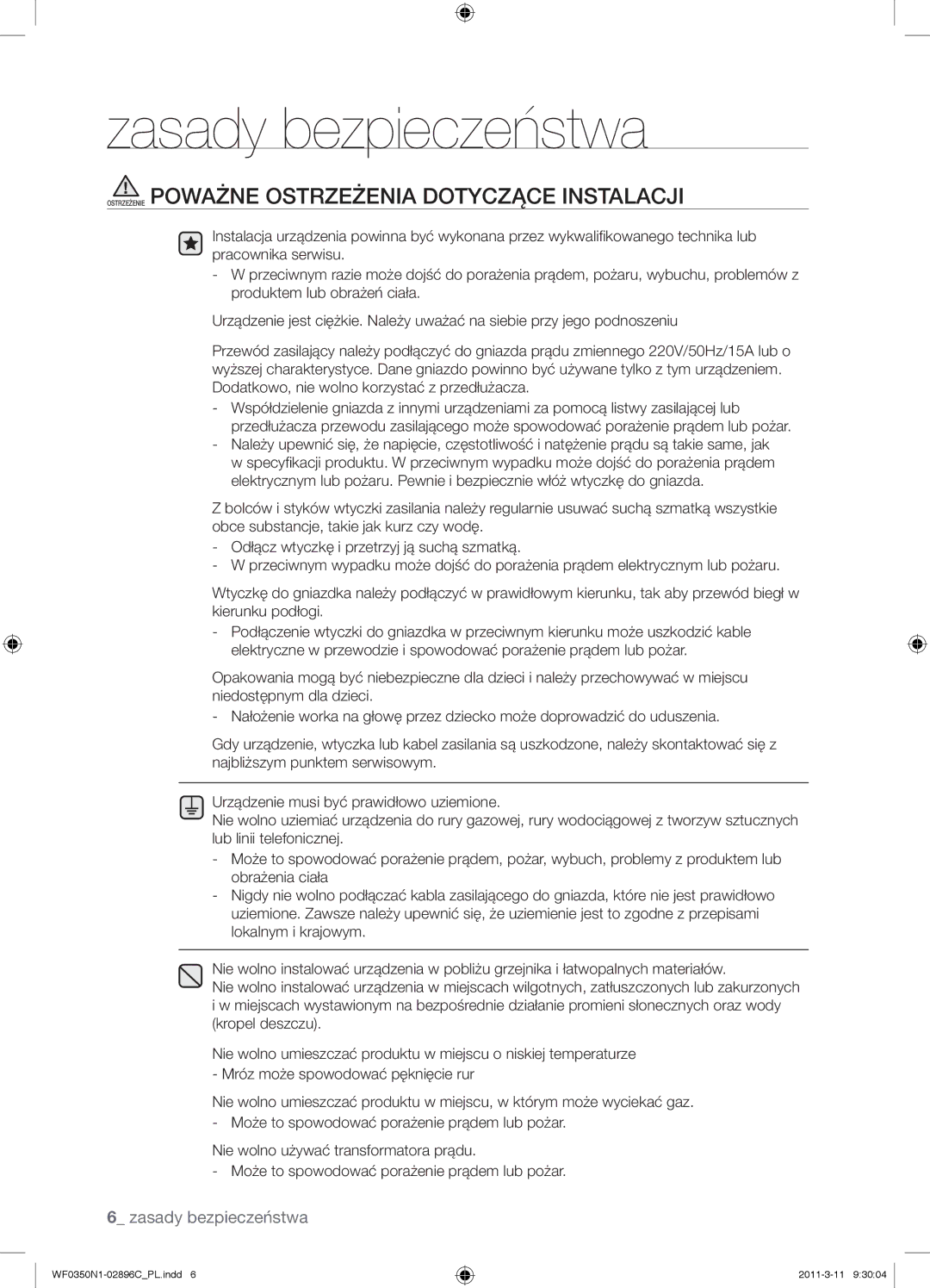 Samsung WF0350N1N/XEH manual Ostrzeżenie Poważne Ostrzeżenia Dotyczące Instalacji 