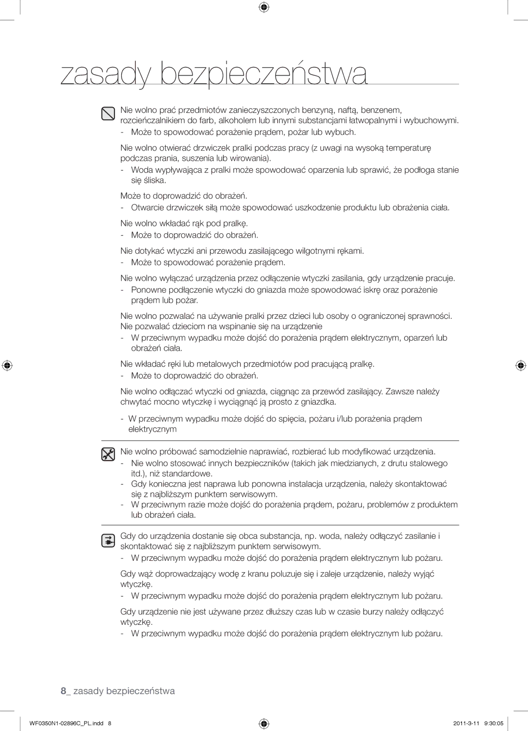 Samsung WF0350N1N/XEH manual Zasady bezpieczeństwa 