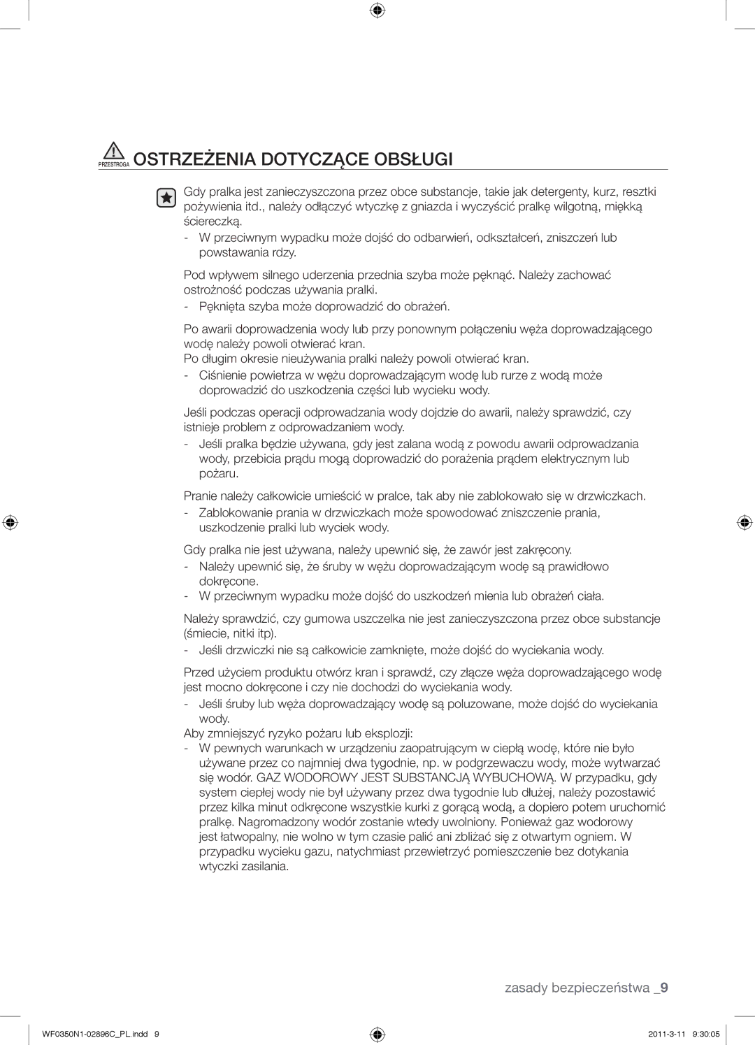 Samsung WF0350N1N/XEH manual Przestroga Ostrzeżenia Dotyczące Obsługi 