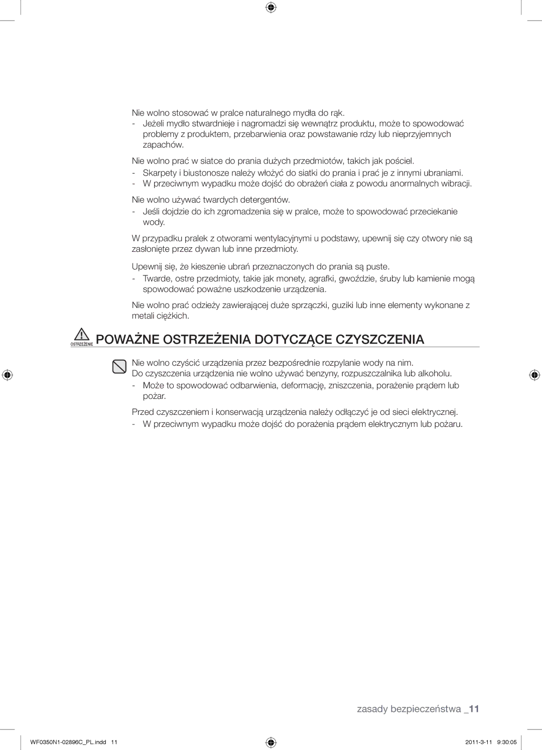 Samsung WF0350N1N/XEH manual Ostrzeżenie Poważne Ostrzeżenia Dotyczące Czyszczenia 