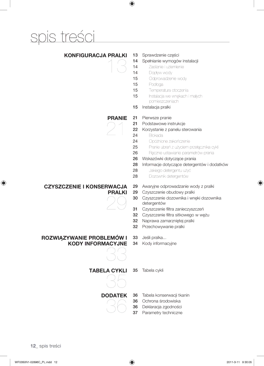 Samsung WF0350N1N/XEH manual Spis treści, 33 Jeśli pralka Kody informacyjne 