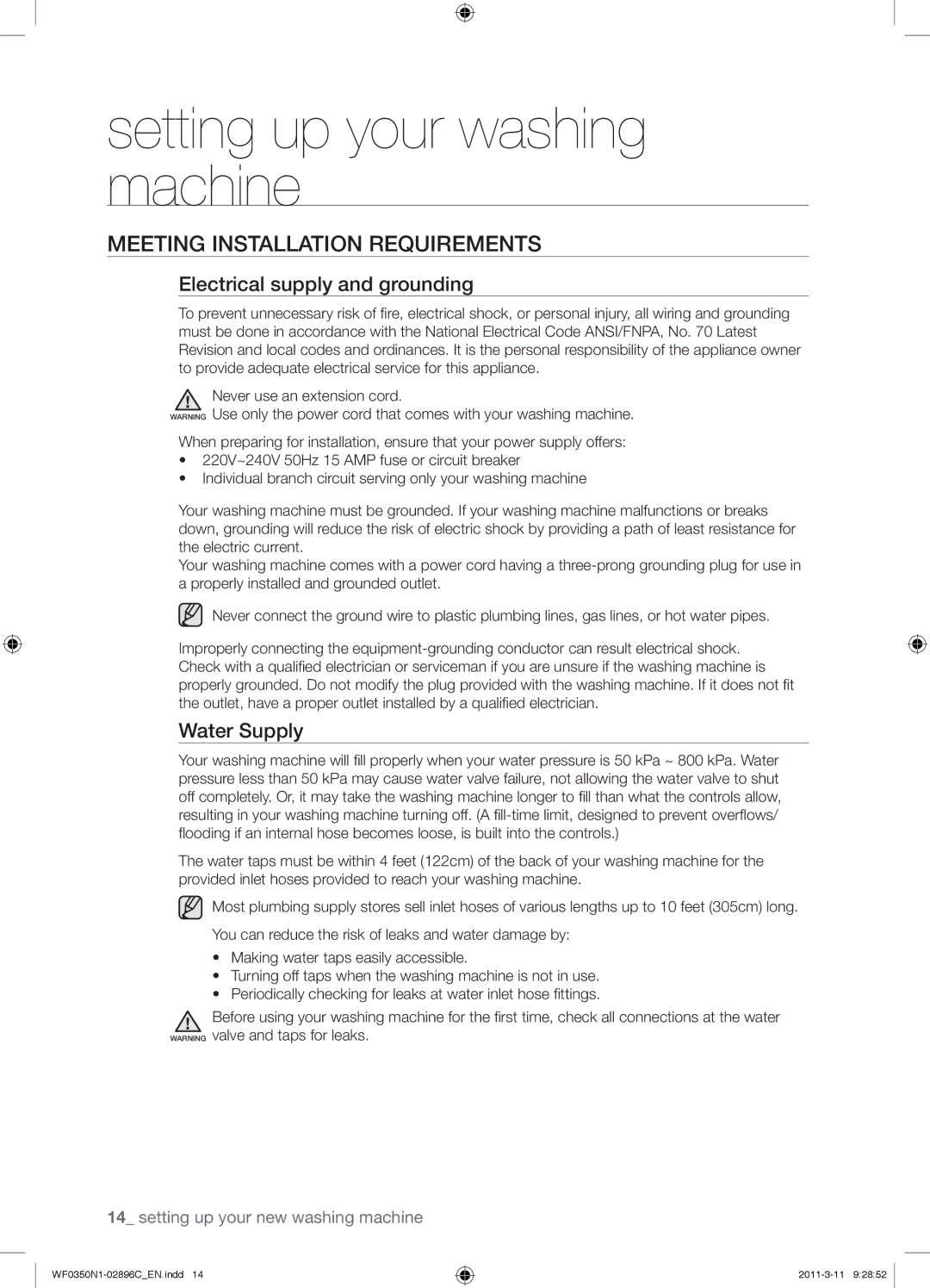 Samsung WF0350N1N/XEH manual Meeting Installation Requirements, Electrical supply and grounding, Water Supply 