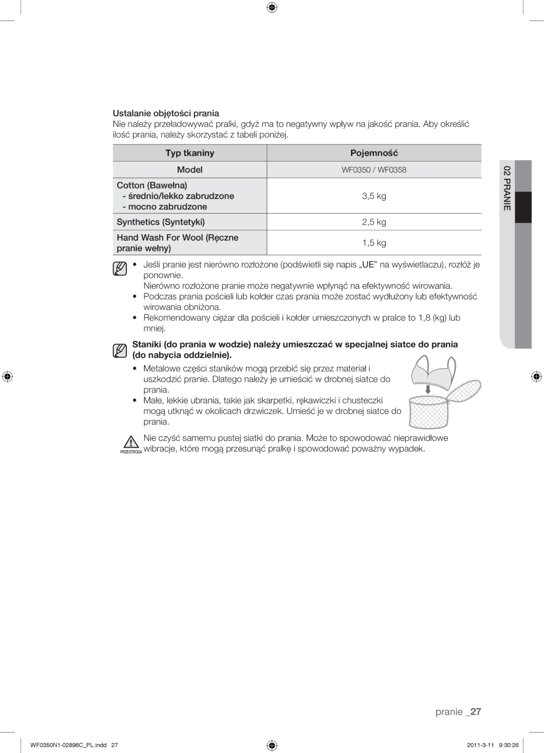 Samsung WF0350N1N/XEH manual Typ tkaniny Pojemność, Prania 