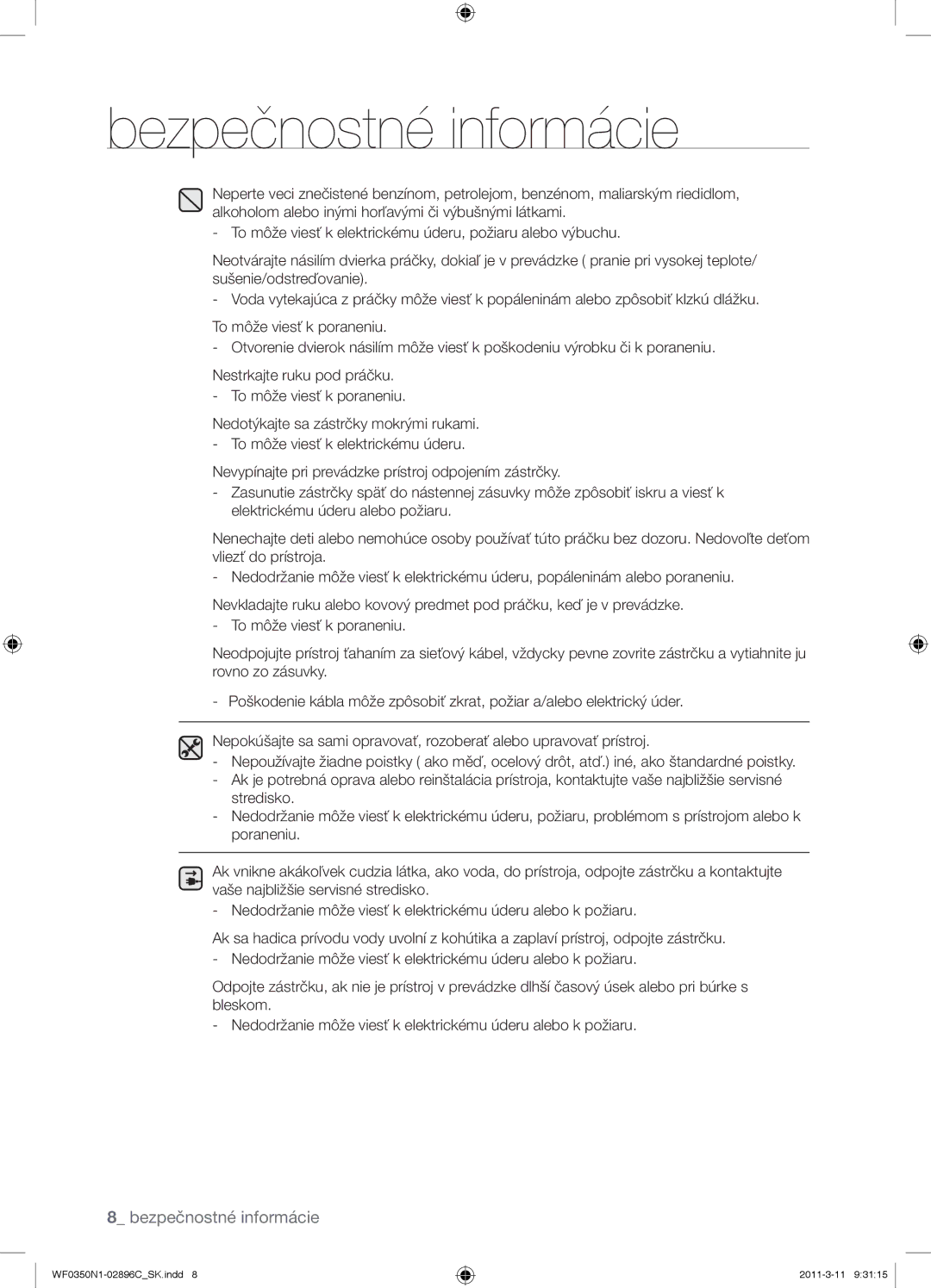 Samsung WF0350N1N/XEH manual Bezpečnostné informácie 