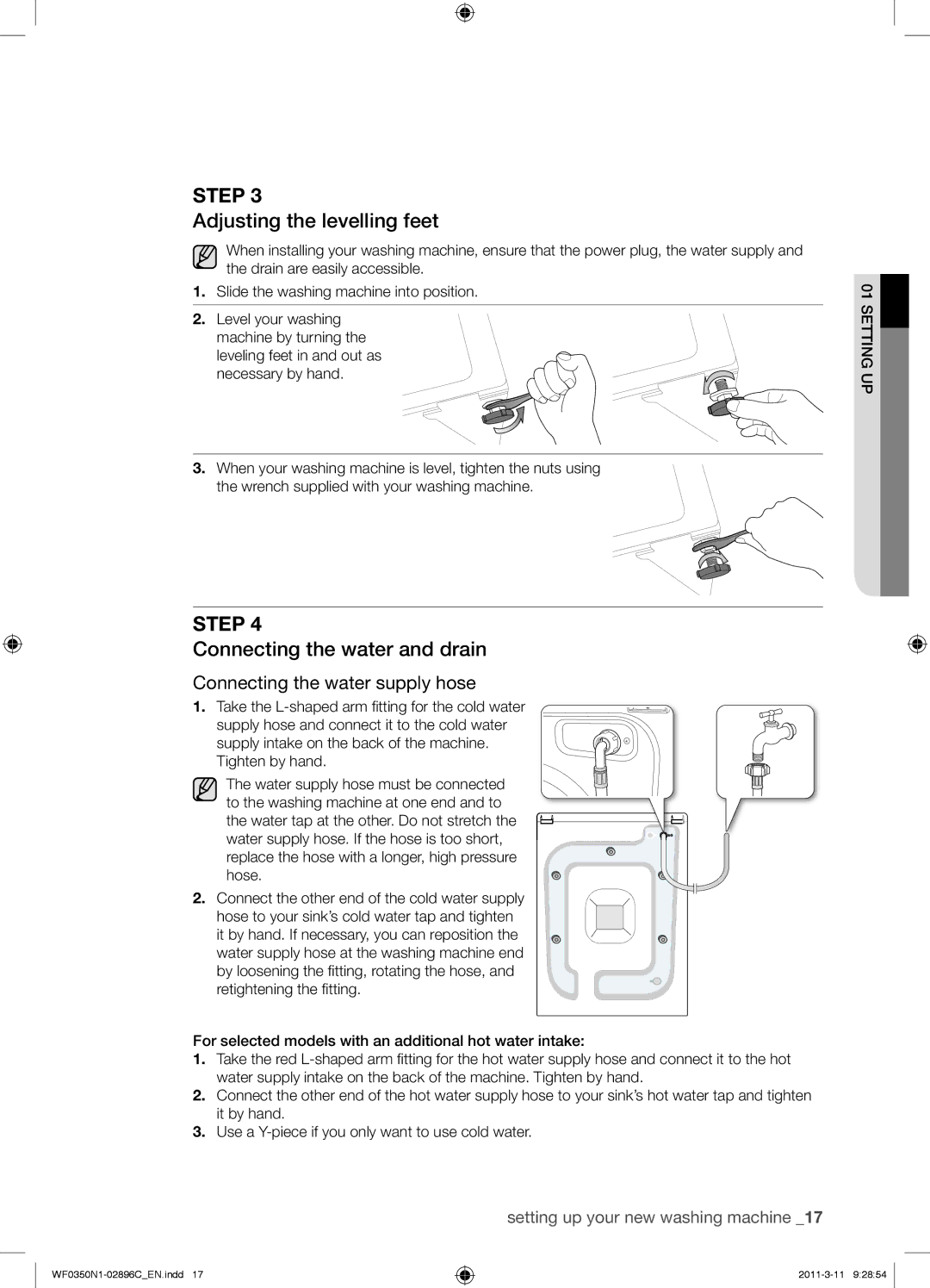 Samsung WF0350N1N/XEH manual Adjusting the levelling feet, Connecting the water and drain, Connecting the water supply hose 