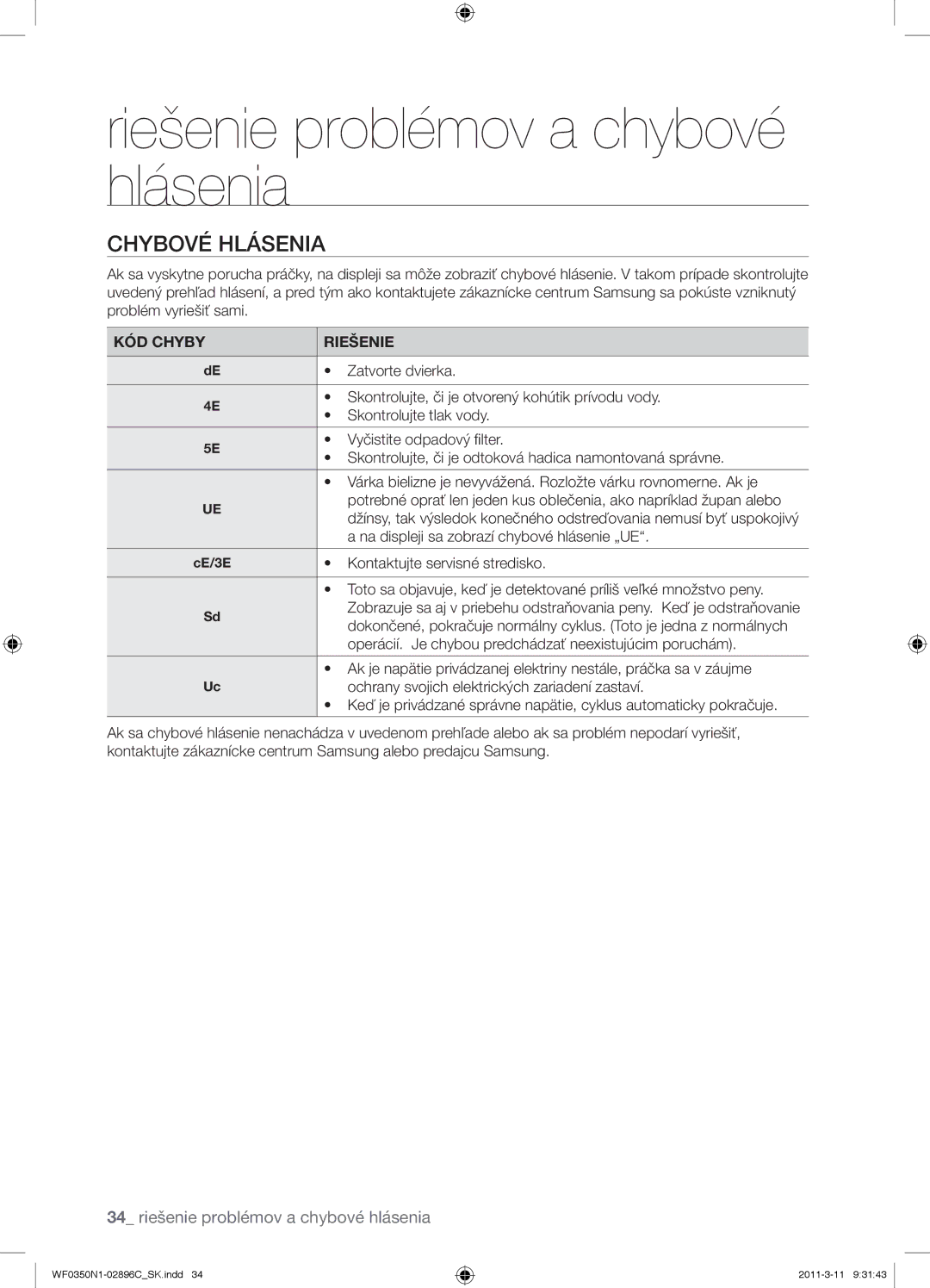 Samsung WF0350N1N/XEH manual Chybové Hlásenia, KÓD Chyby Riešenie 