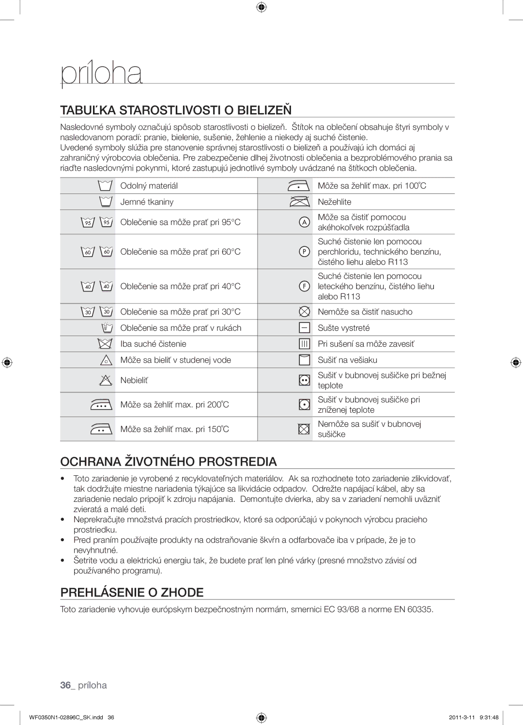 Samsung WF0350N1N/XEH manual Príloha, Tabuľka Starostlivosti O Bielizeň, Ochrana Životného Prostredia, Prehlásenie O Zhode 