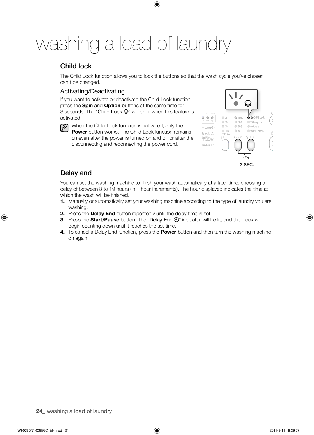 Samsung WF0350N1N/XEH manual Child lock, Activating/Deactivating 