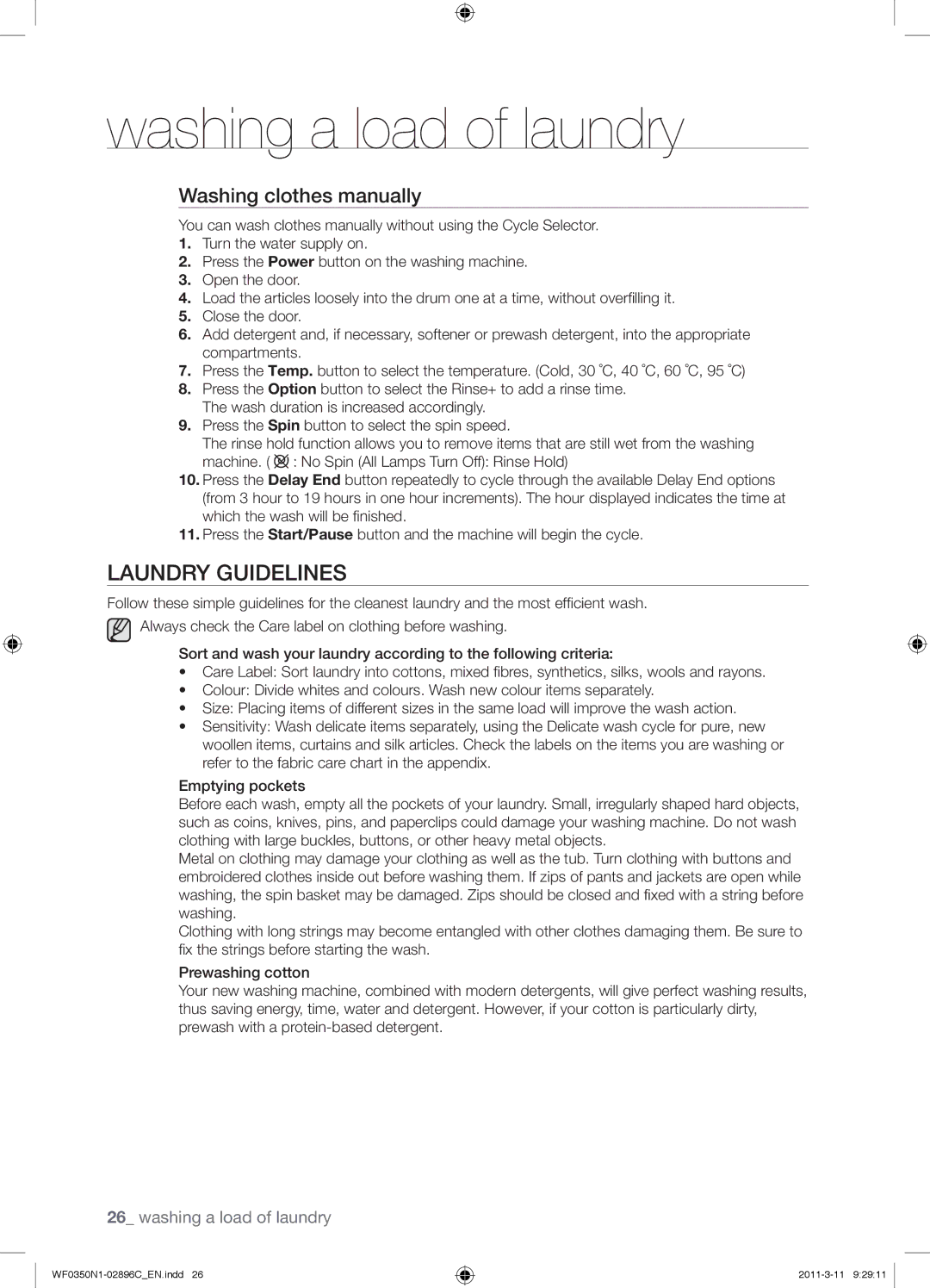 Samsung WF0350N1N/XEH Laundry Guidelines, Washing clothes manually 