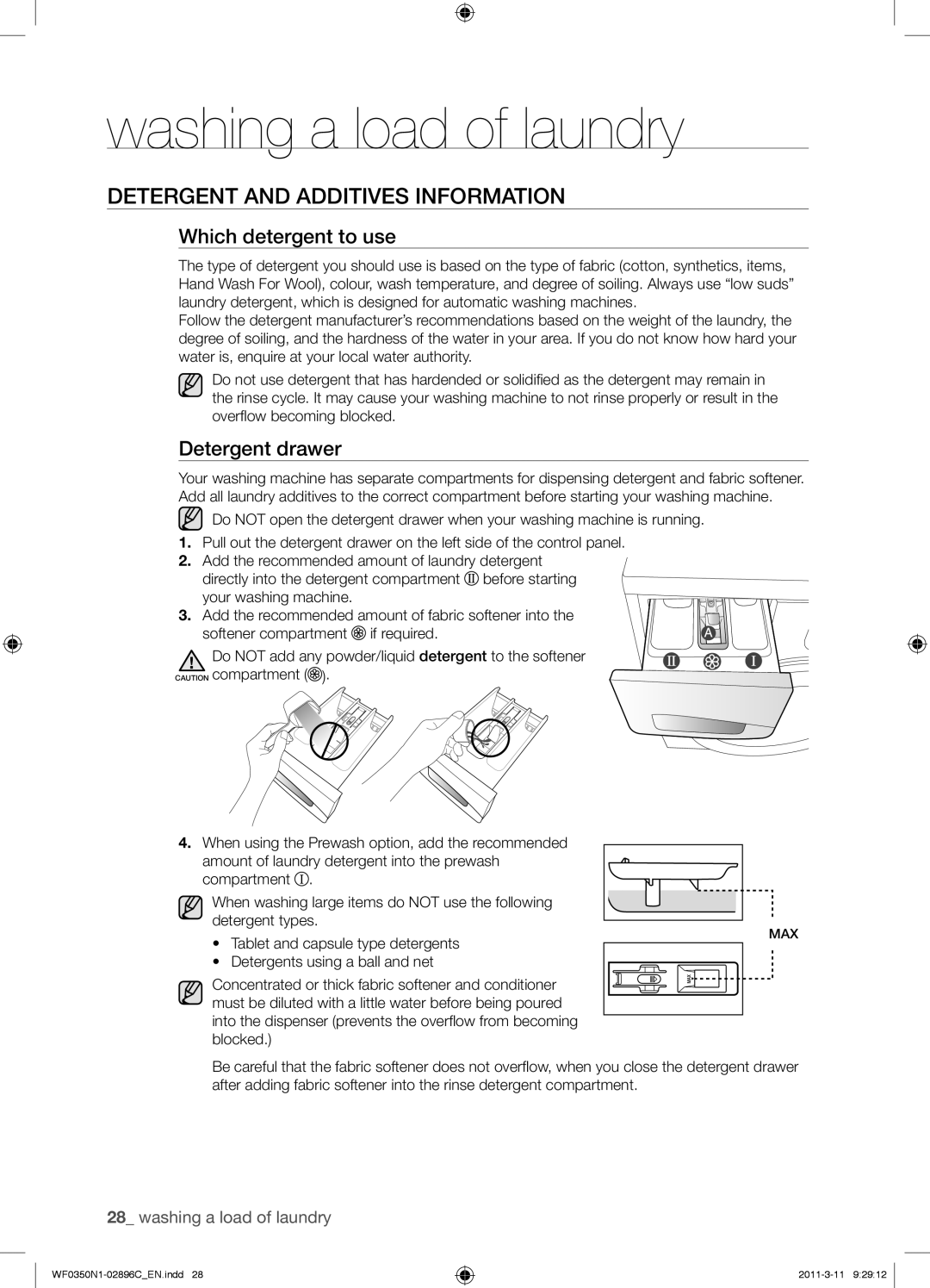 Samsung WF0350N1N/XEH manual Detergent and Additives Information, Which detergent to use, Detergent drawer 