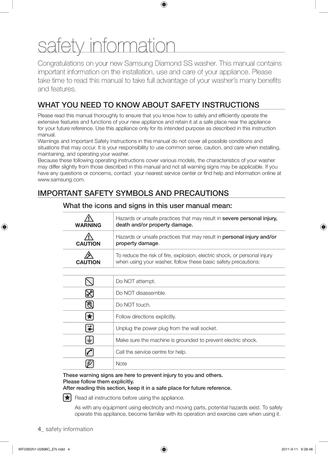 Samsung WF0350N1N/XEH manual Safety information 