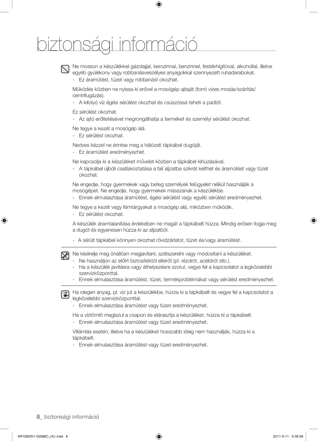 Samsung WF0350N1N/XEH manual Biztonsági információ 