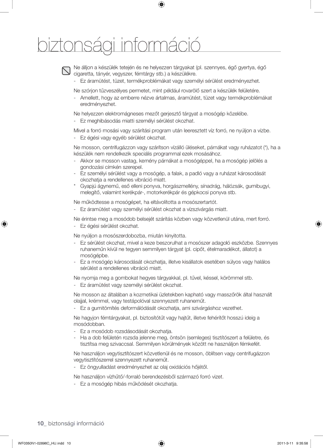 Samsung WF0350N1N/XEH manual Biztonsági információ 