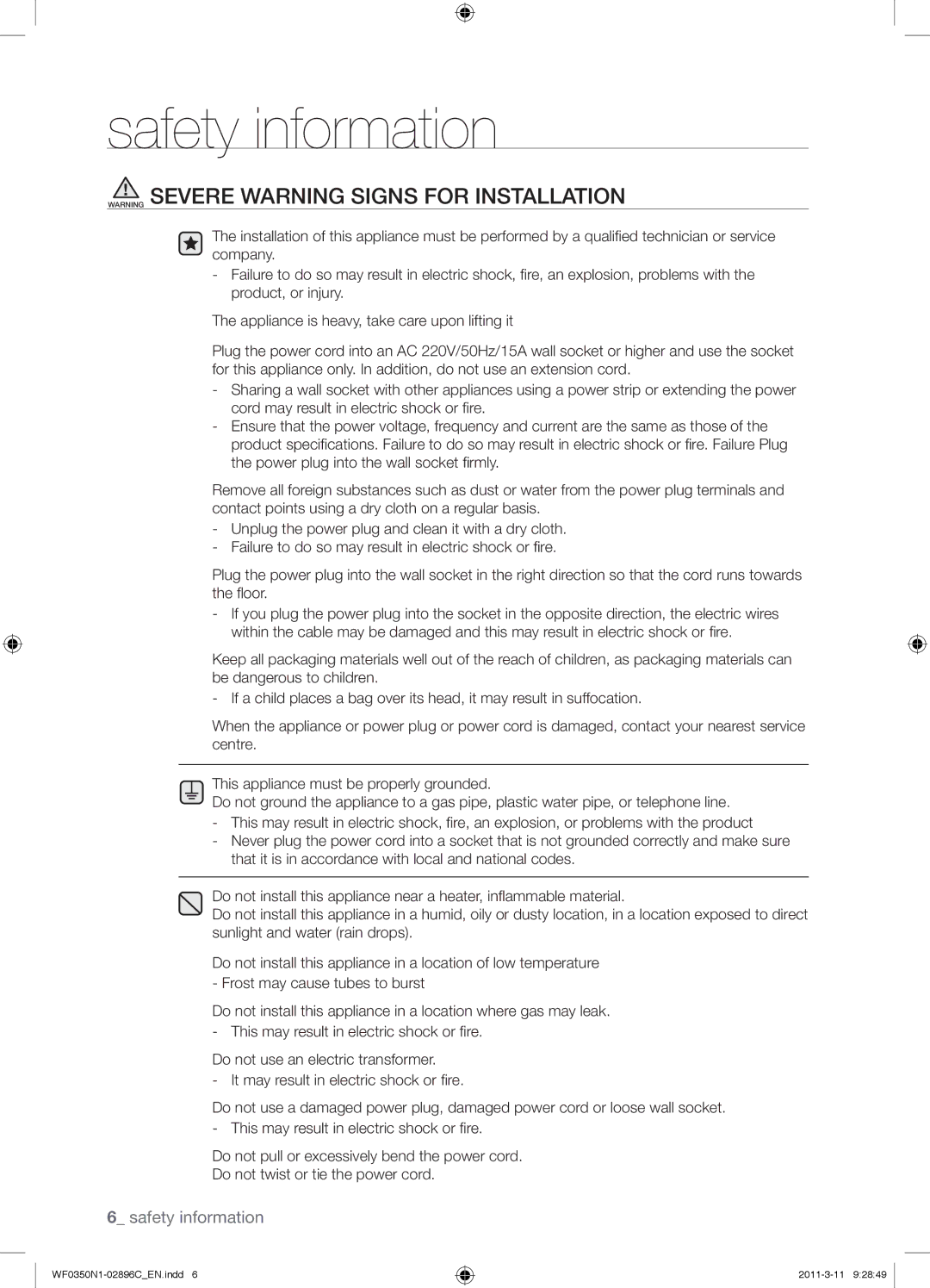 Samsung WF0350N1N/XEH manual Safety information 