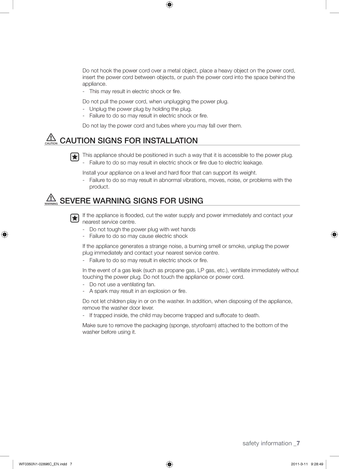 Samsung WF0350N1N/XEH manual Safety information 