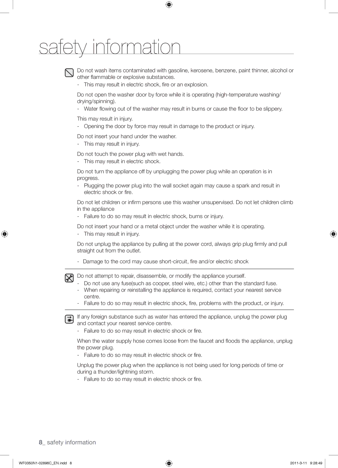 Samsung WF0350N1N/XEH manual Safety information 