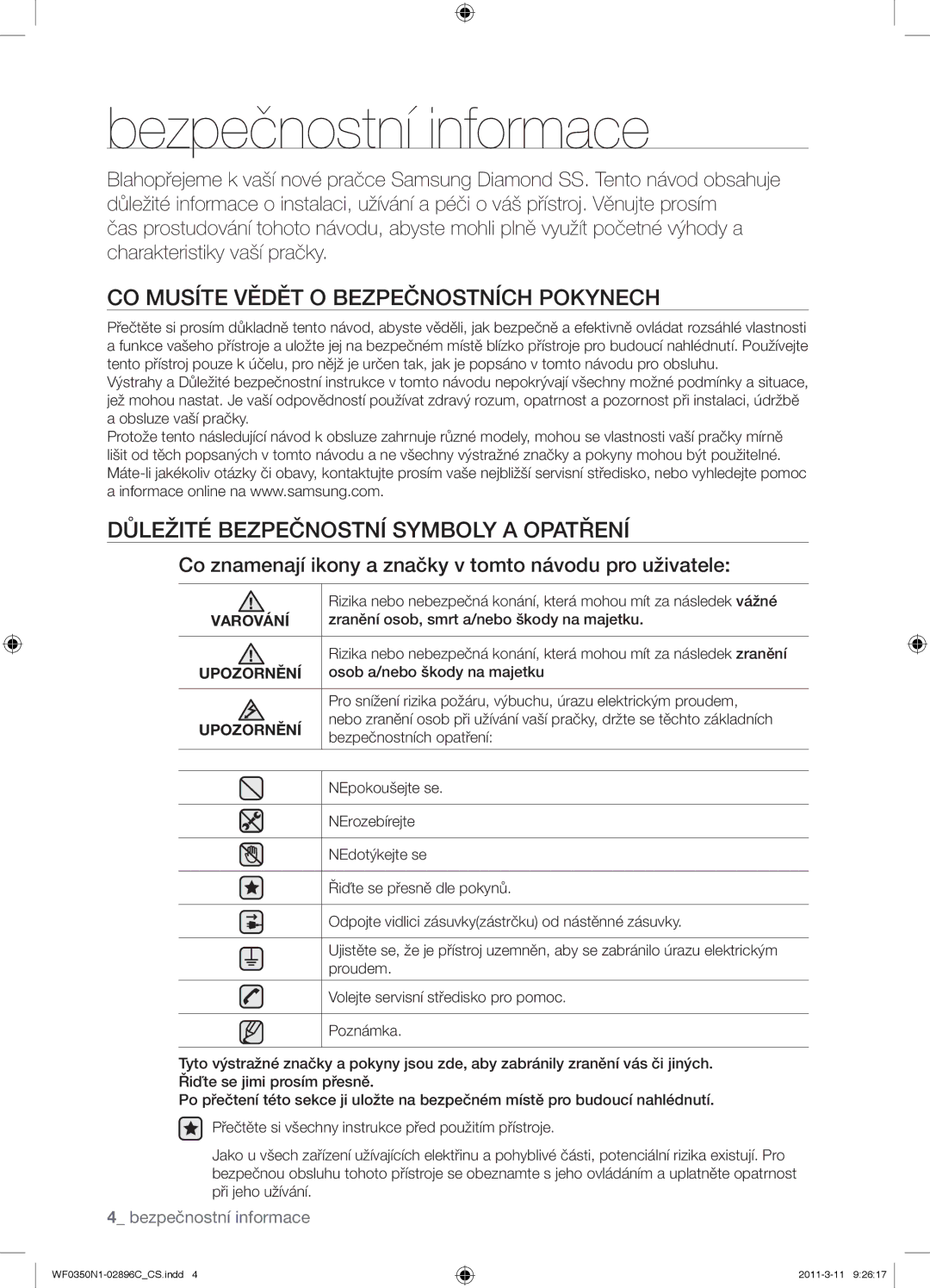 Samsung WF0350N1N/XEH manual Bezpečnostní informace, CO Musíte Vědět O Bezpečnostních Pokynech 