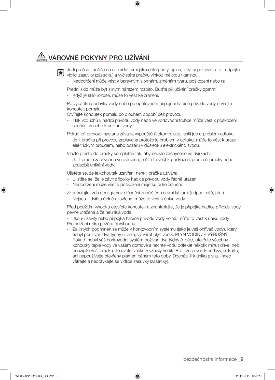 Samsung WF0350N1N/XEH manual Upozornění Varovné Pokyny PRO Užívání 