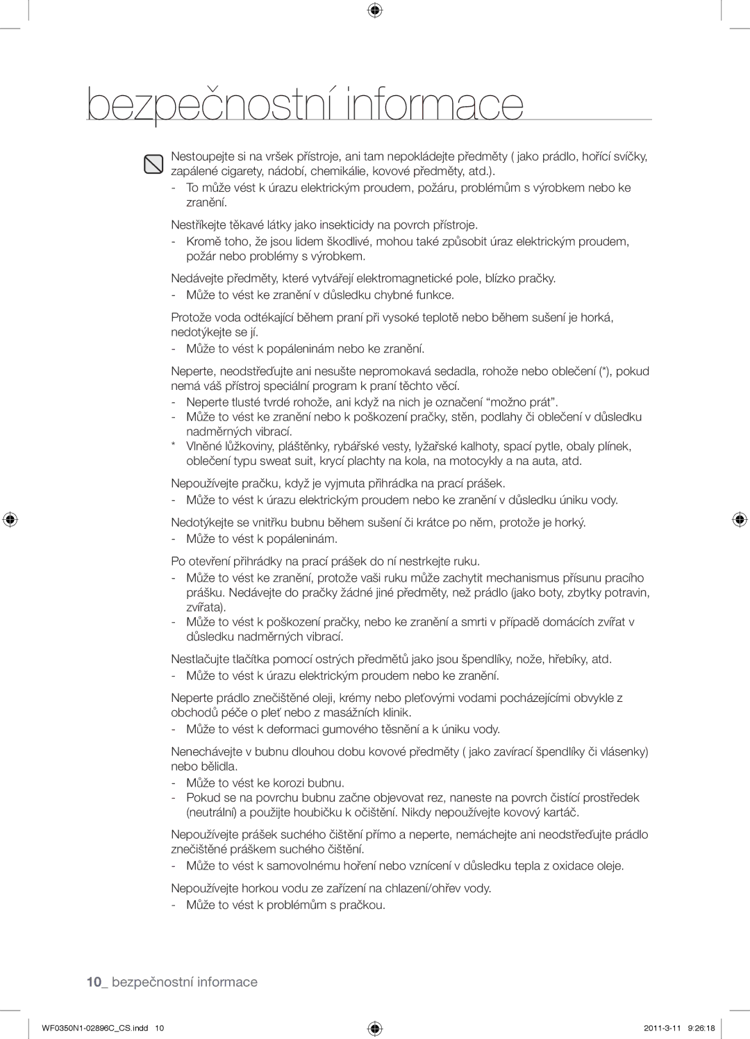 Samsung WF0350N1N/XEH manual Bezpečnostní informace 