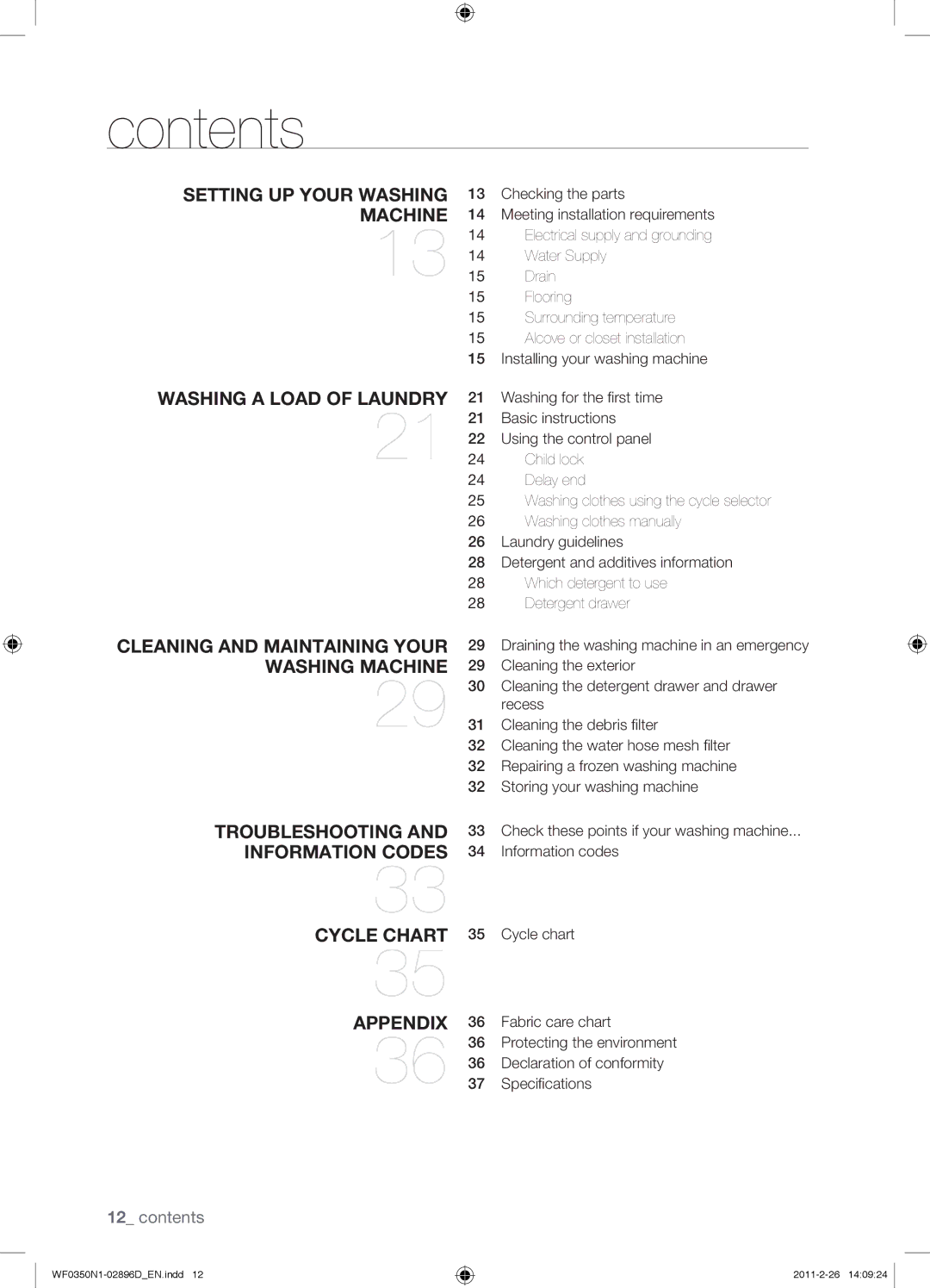 Samsung WF0350N1V/XEE manual Contents 