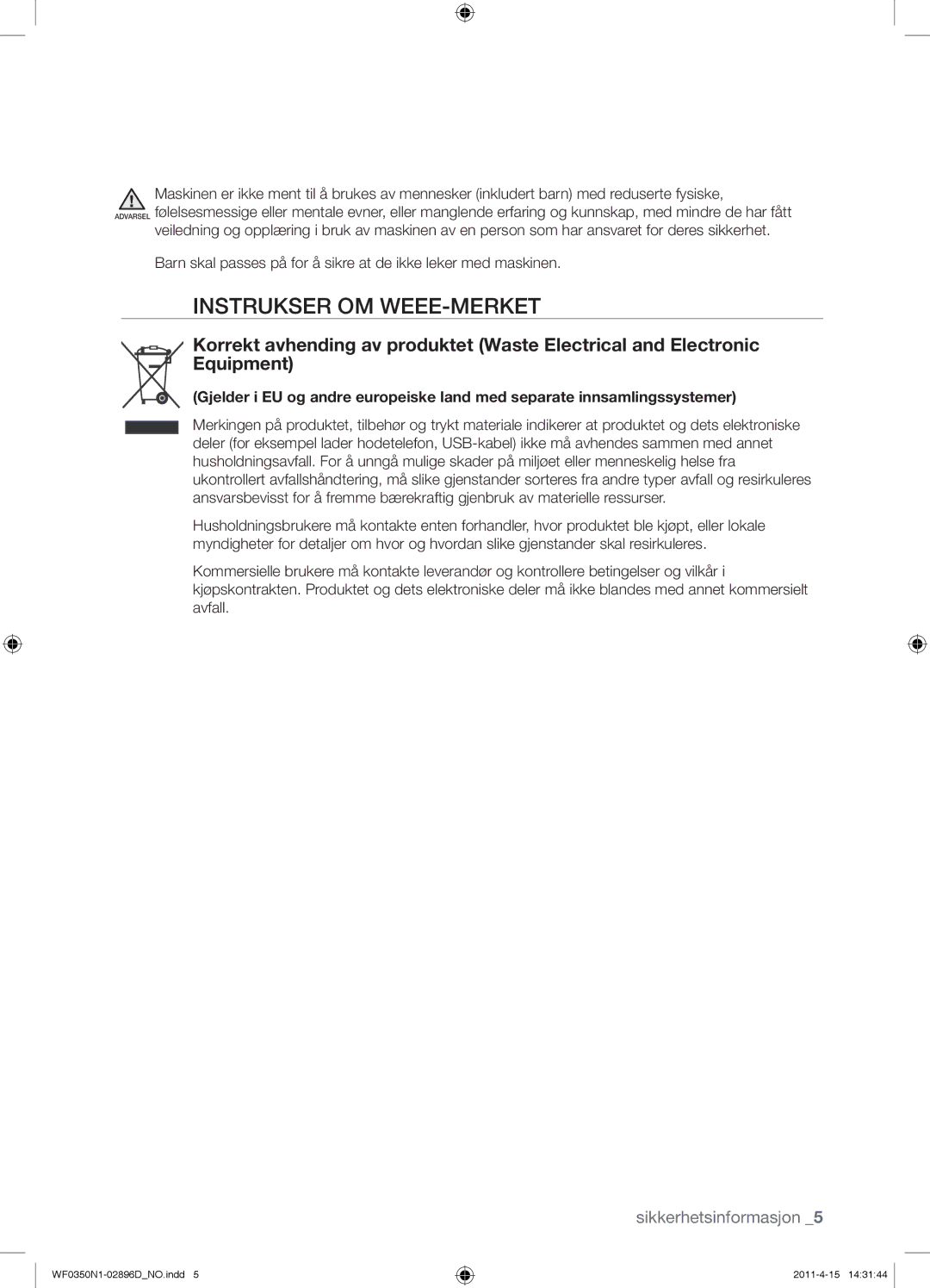 Samsung WF0350N1V/XEE manual Instrukser OM WEEE-MERKET 