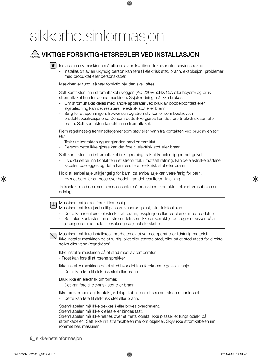 Samsung WF0350N1V/XEE manual Sikkerhetsinformasjon 