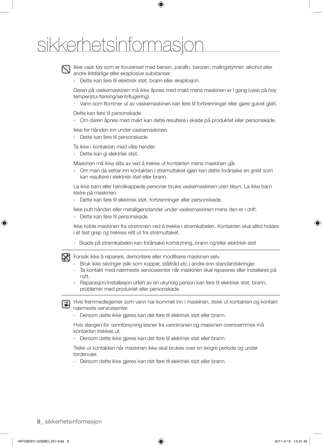 Samsung WF0350N1V/XEE manual Sikkerhetsinformasjon 