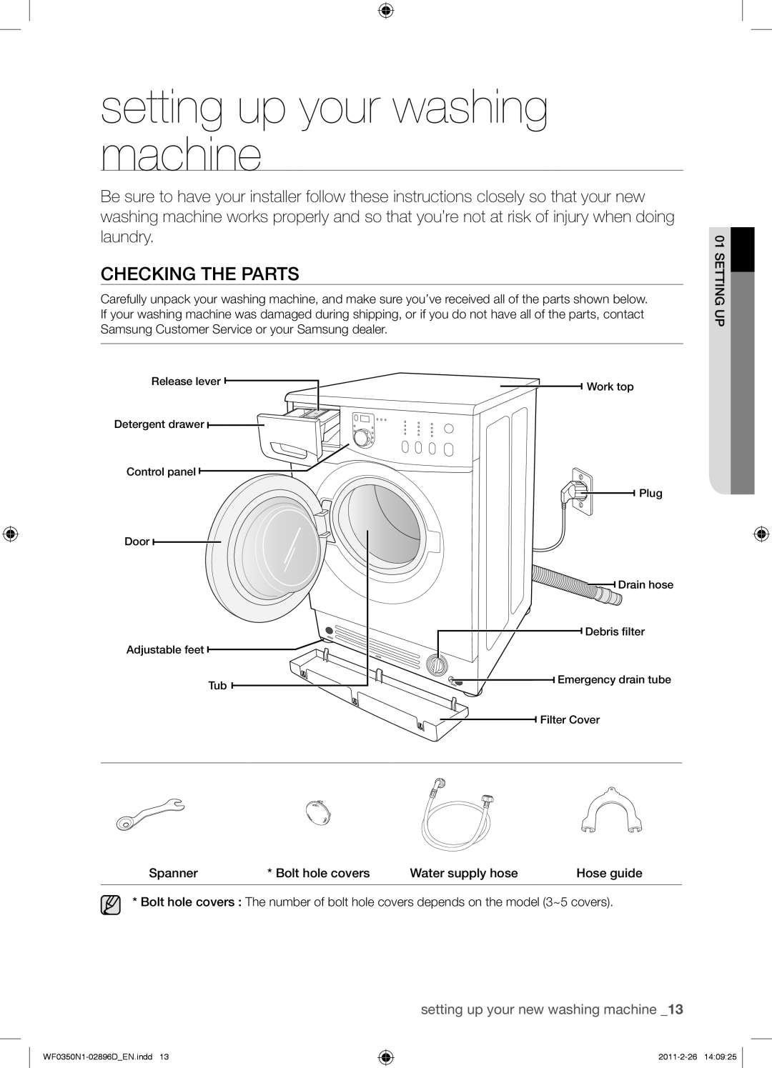 Samsung WF0350N1V/XEE manual Setting up your washing machine, Checking the Parts 