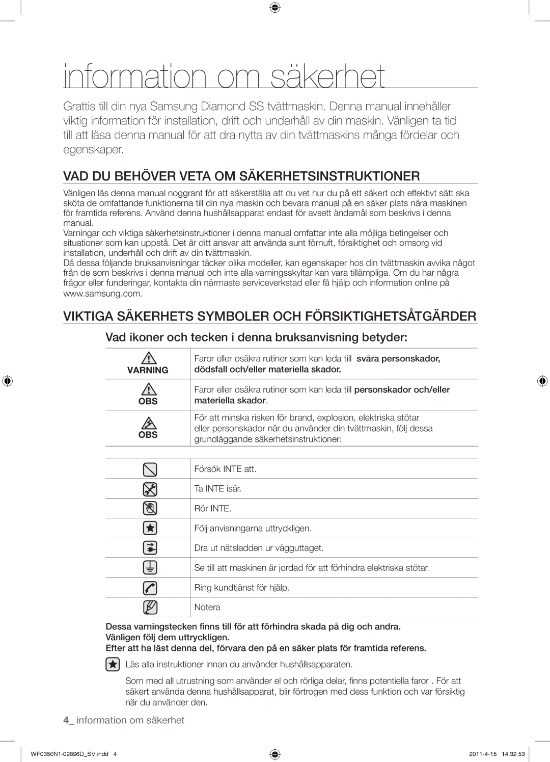 Samsung WF0350N1V/XEE manual Information om säkerhet, VAD DU Behöver Veta OM Säkerhetsinstruktioner 