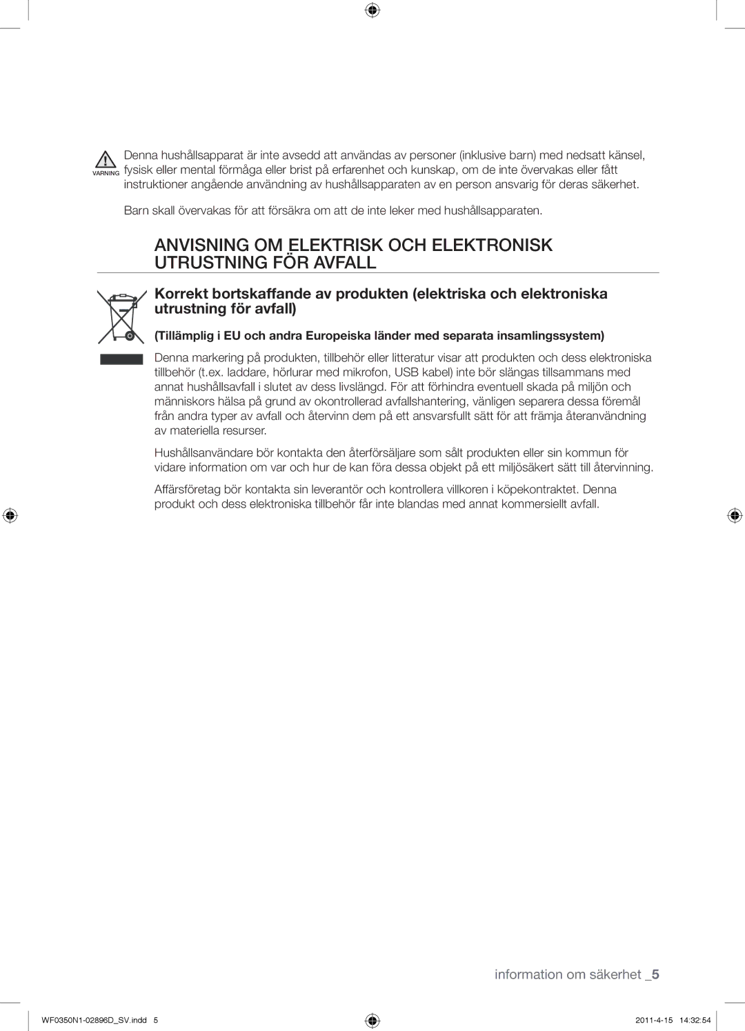 Samsung WF0350N1V/XEE manual Anvisning OM Elektrisk OCH Elektronisk Utrustning FÖR Avfall 