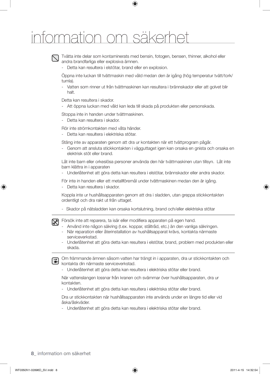 Samsung WF0350N1V/XEE manual Information om säkerhet 