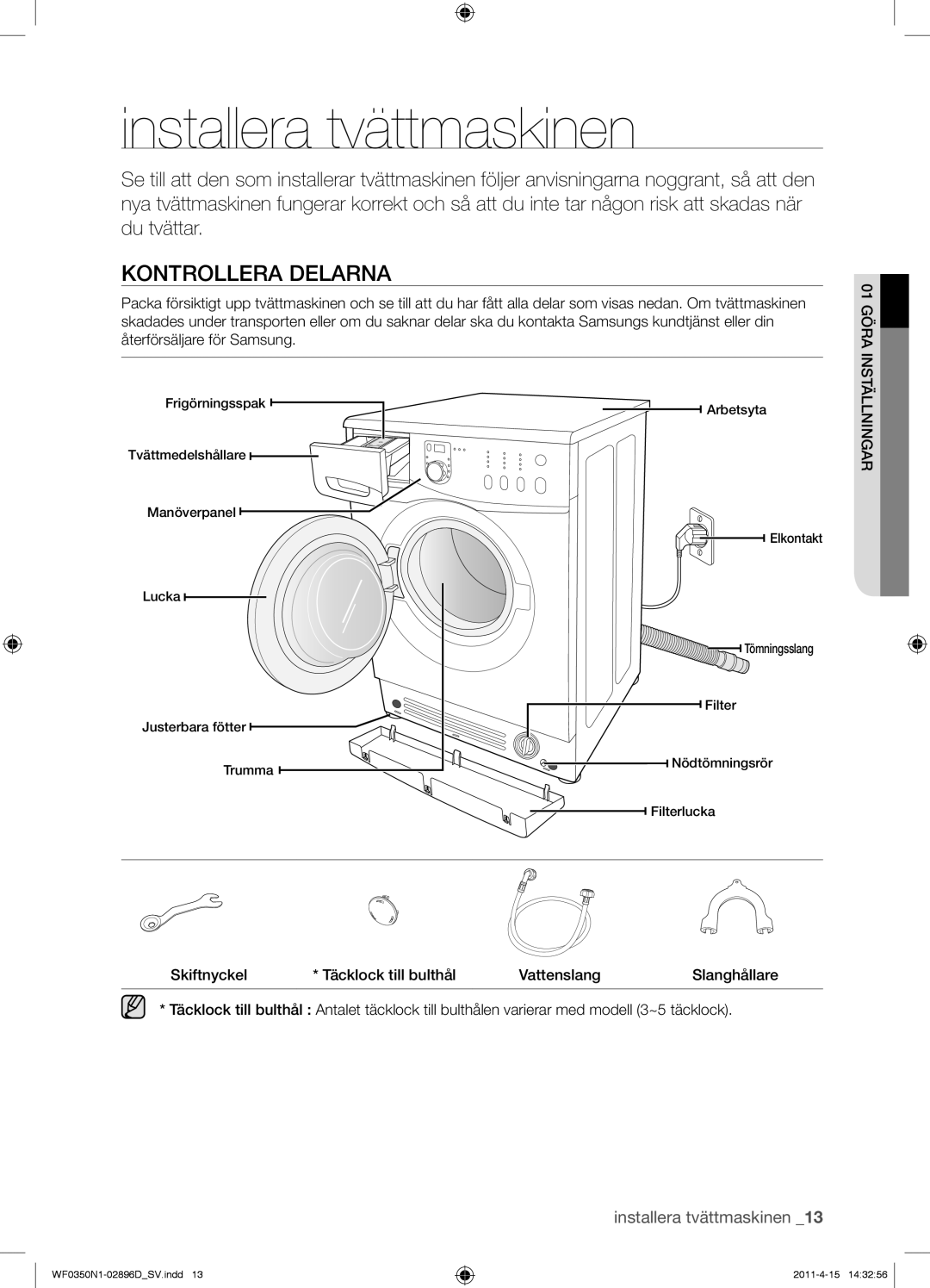 Samsung WF0350N1V/XEE manual Installera tvättmaskinen, Kontrollera Delarna 