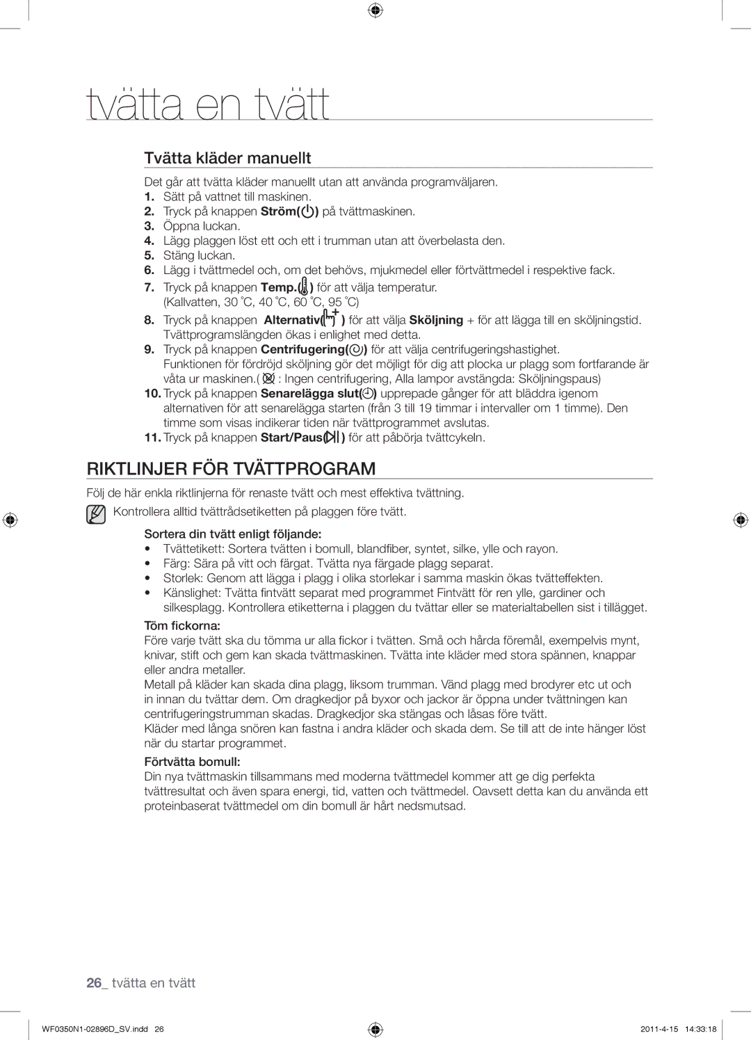 Samsung WF0350N1V/XEE manual Riktlinjer FÖR Tvättprogram, Tvätta kläder manuellt 